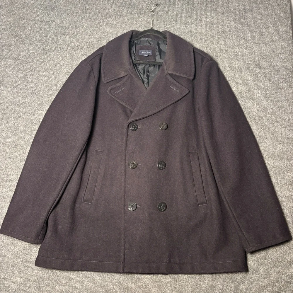 Lands End Mens Wool Blend Pea Coat XL 46-48 Navy Blue Double Breasted 392812